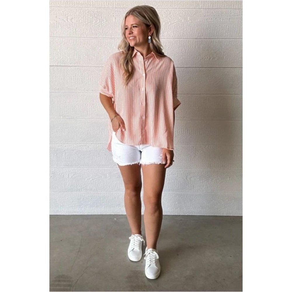 Sewn + Seen Womens Large Striped Oxford Button Down Shirt Peach Collared New